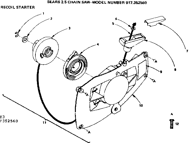 Recoil Starter Diagram and Parts List for 917352560  Craftsman Chainsaw