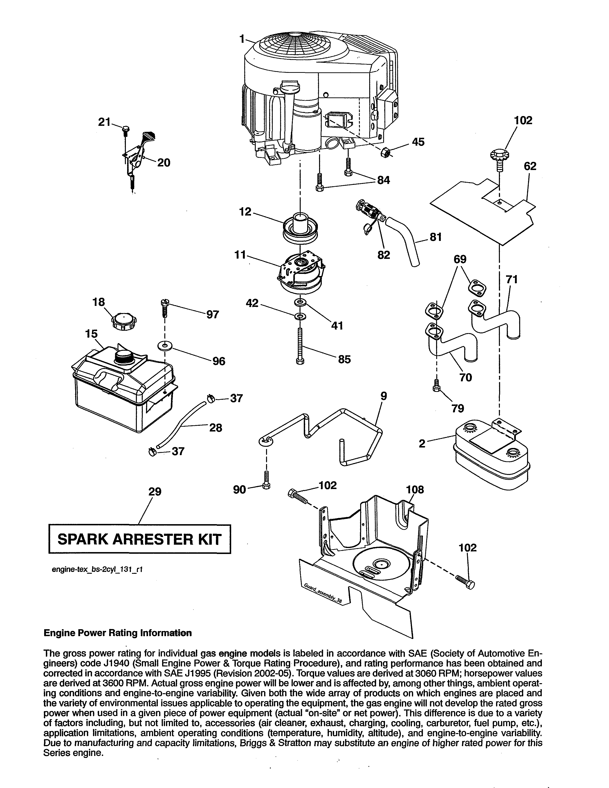 Engine Diagram and Parts List for 917991450  Craftsman Lawn Tractor