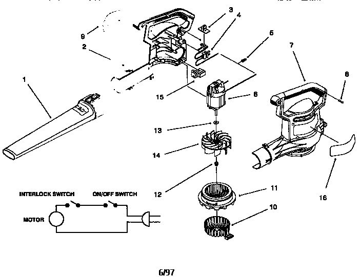 Blower Assembly Diagram and Parts List for 13651583  Craftsman Leaf Blower / Vacuum