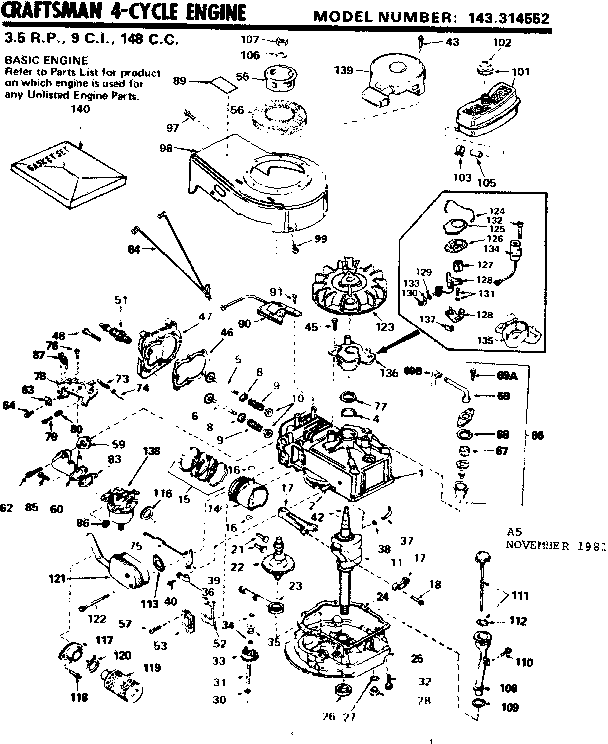 Replacement Parts Diagram and Parts List for 143314552  Craftsman Engine
