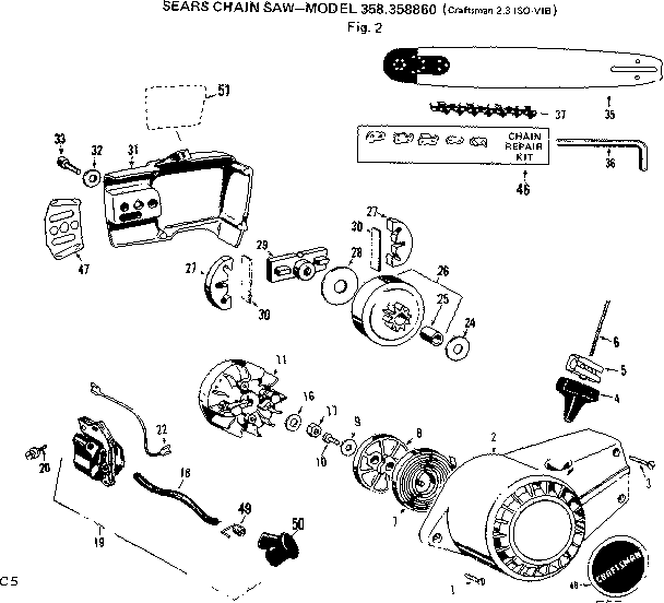 Flywheel Assembly Diagram and Parts List for 358358860  Craftsman Chainsaw