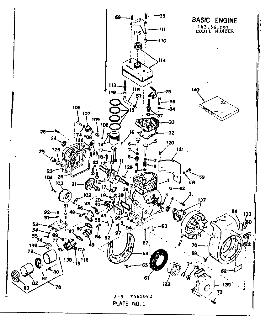 Basic Engine Diagram and Parts List for 143561092  Craftsman Engine