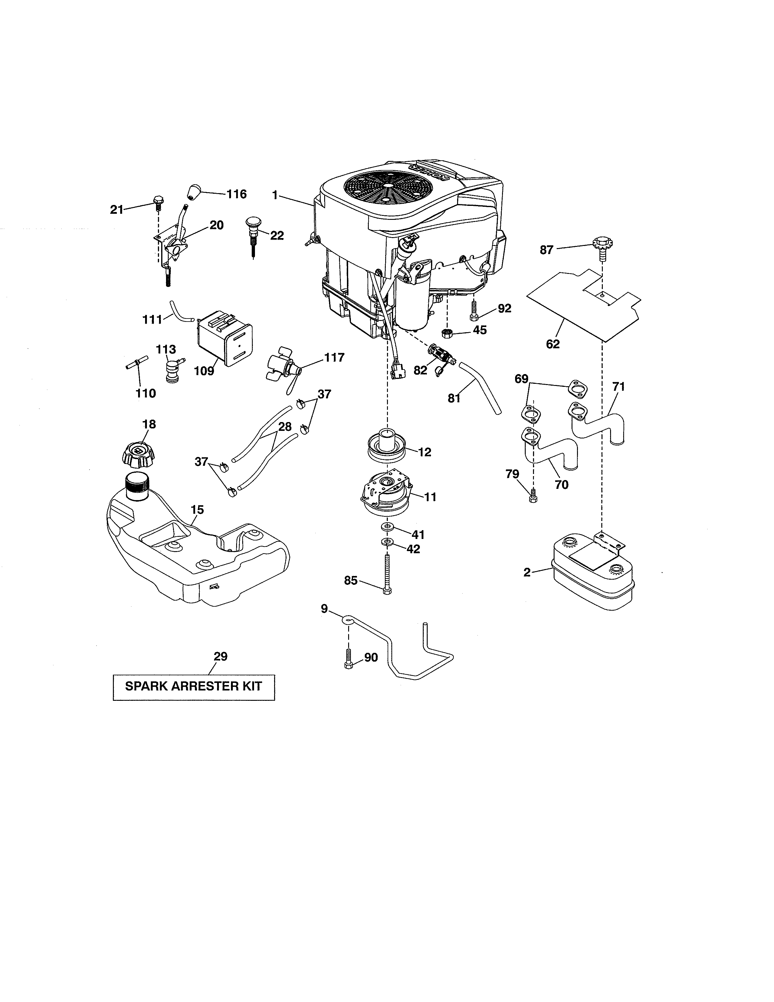Engine Diagram and Parts List for 917986441  Craftsman Lawn Tractor
