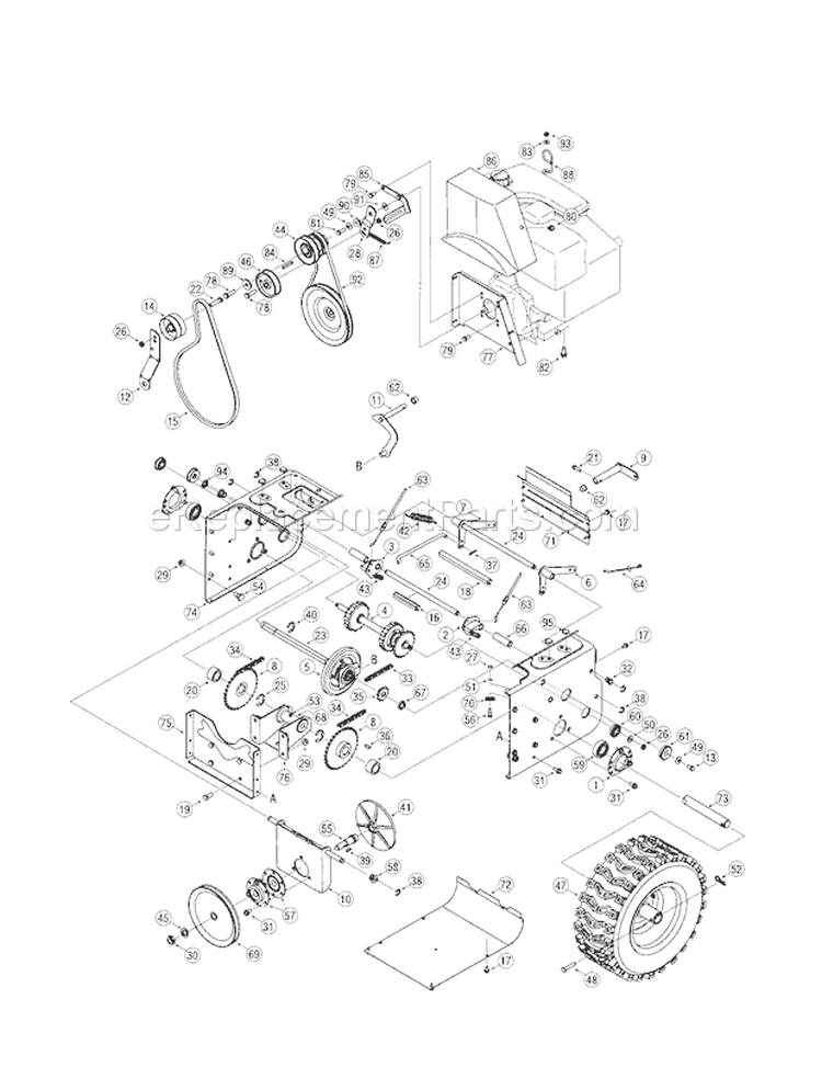 Wheels/Drive Shaft Diagram and Parts List for 24788045  Craftsman Snow Blower