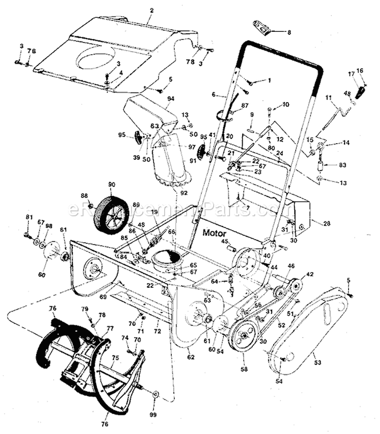 Main Frame Diagram and Parts List for 247882901  Craftsman Snow Blower