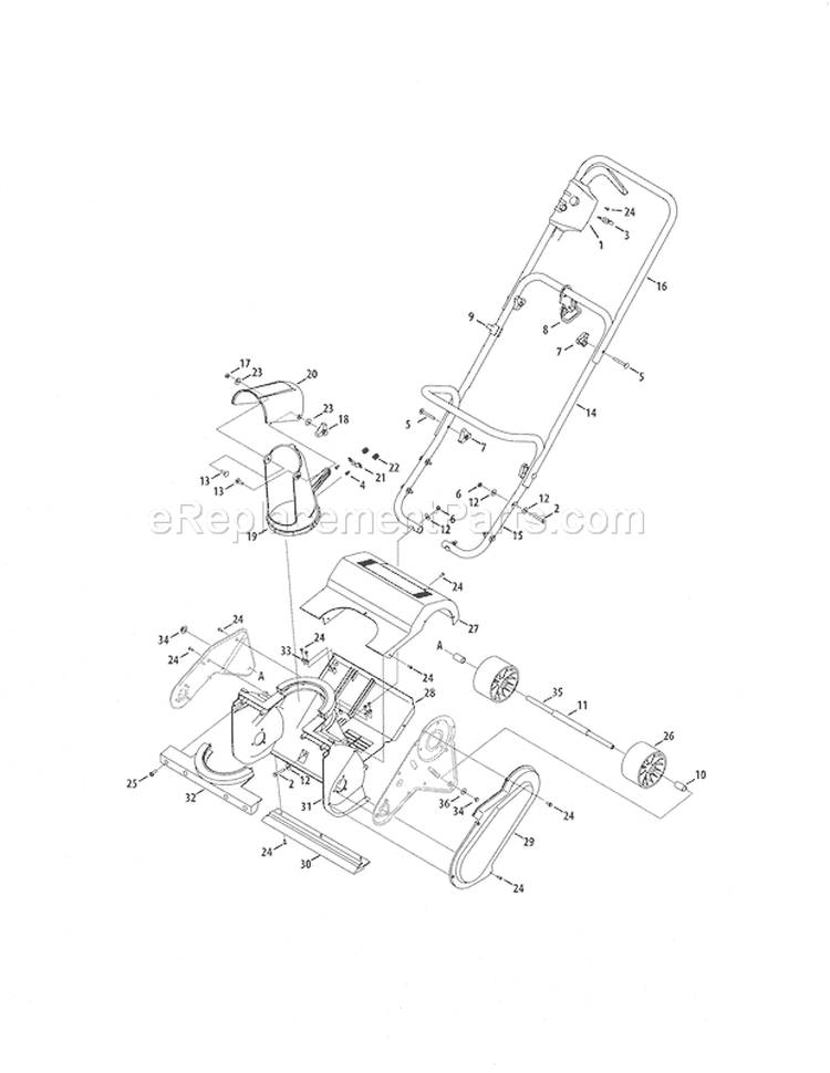 Frame / Handle / Chute Diagram and Parts List for 24788502  Craftsman Snow Blower