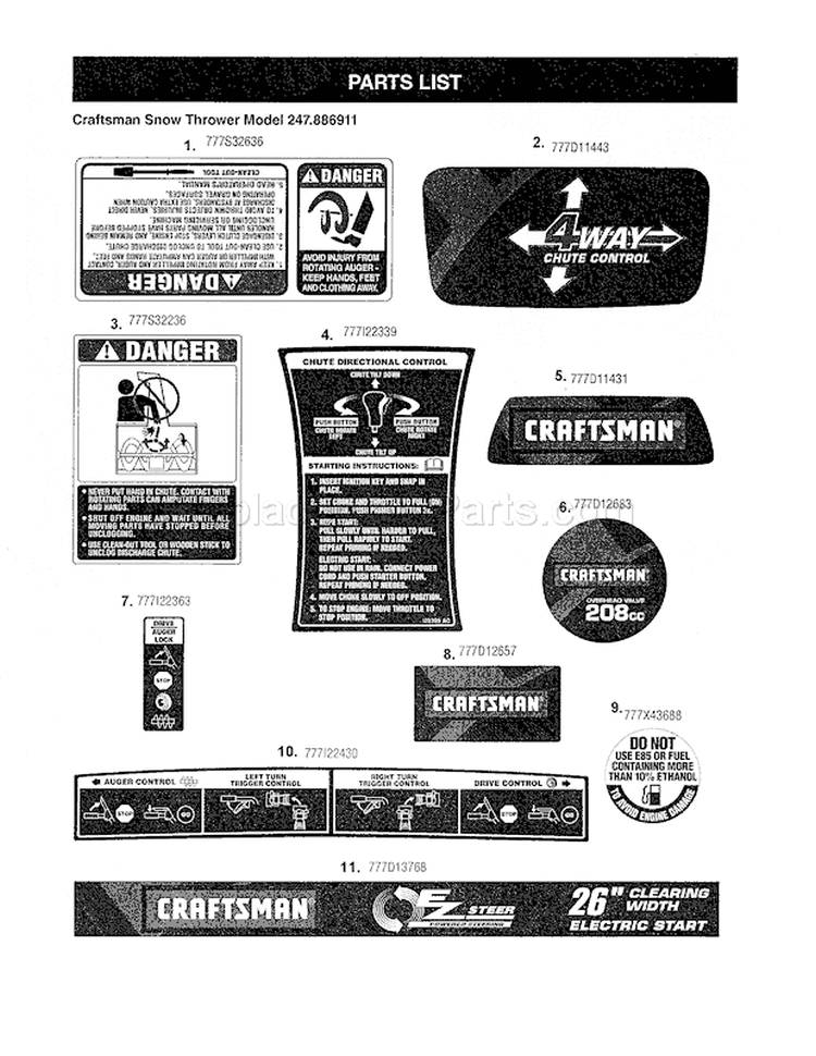 Decals Diagram and Parts List for 247886911  Craftsman Snow Blower