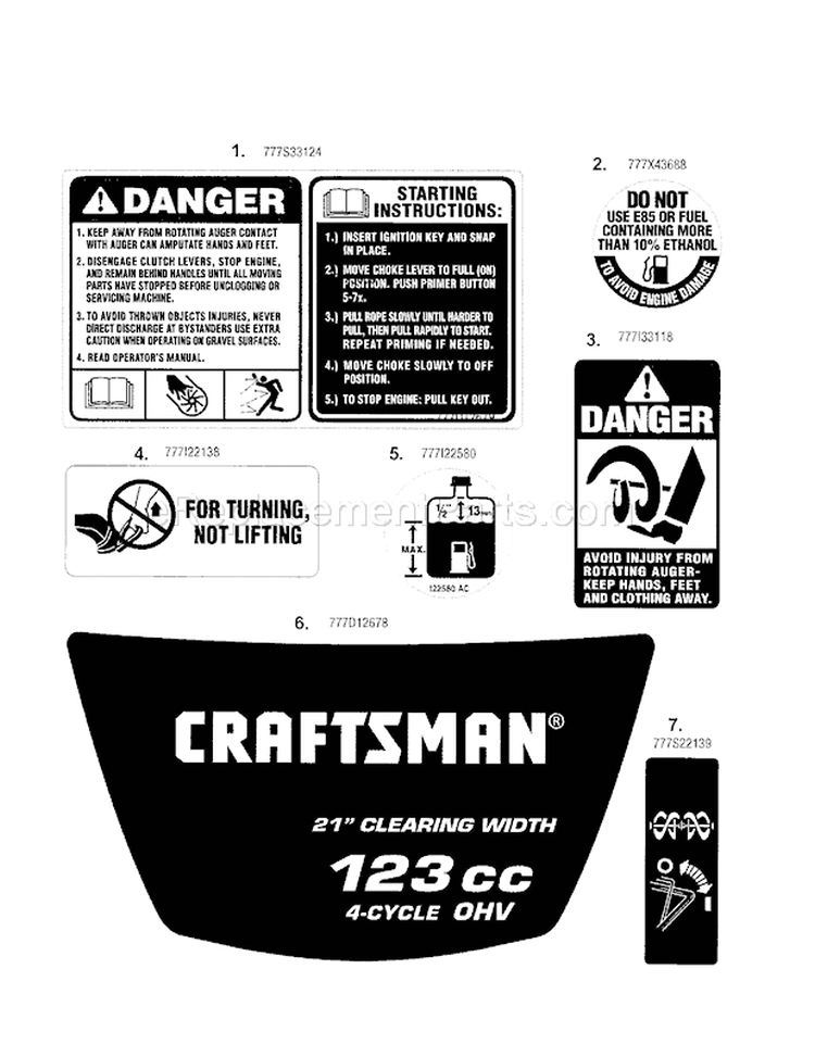 Decals Diagram and Parts List for 247887040  Craftsman Snow Blower