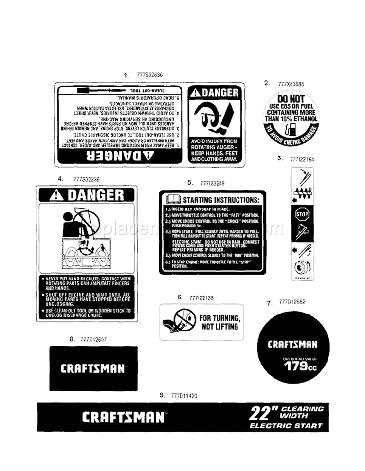 Decals Diagram and Parts List for 247887791  Craftsman Snow Blower