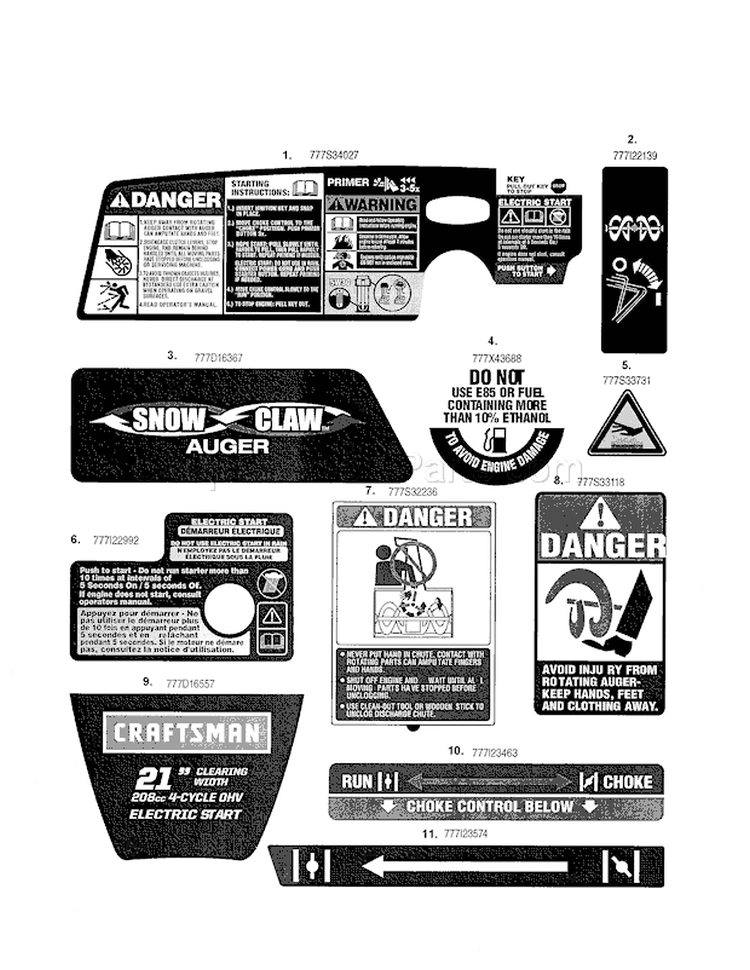Decals Diagram and Parts List for 24788782  Craftsman Snow Blower