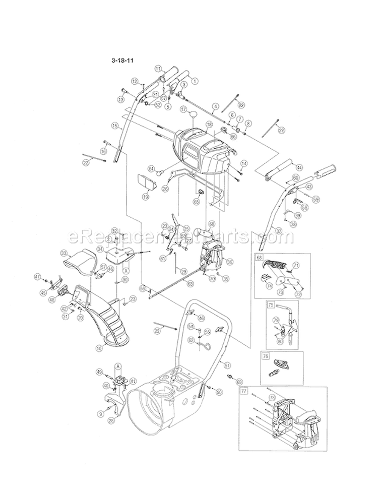 Handles / Chute Diagram and Parts List for 24788830  Craftsman Snow Blower