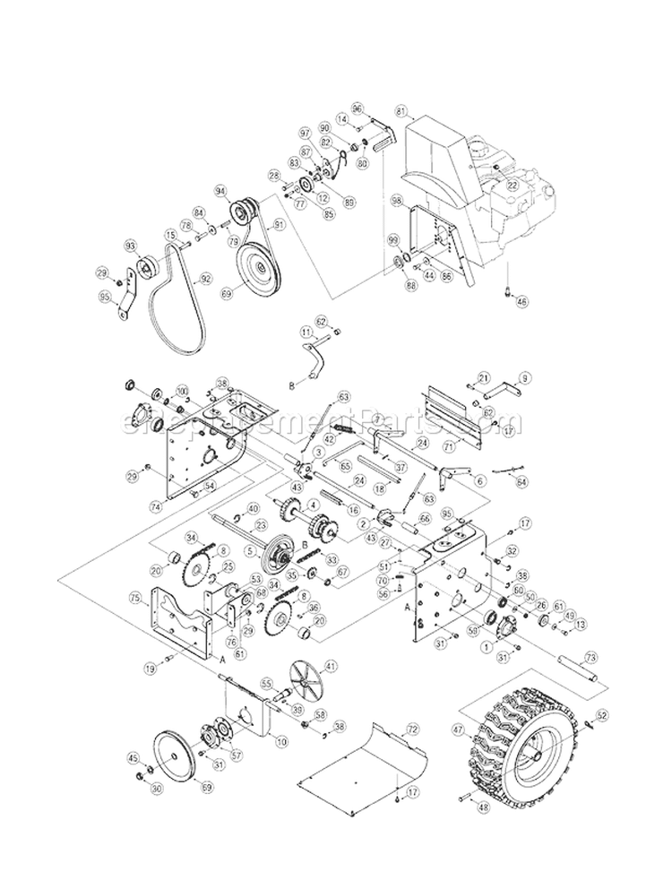 Wheels / Transmission Frame Diagram and Parts List for 24788833  Craftsman Snow Blower