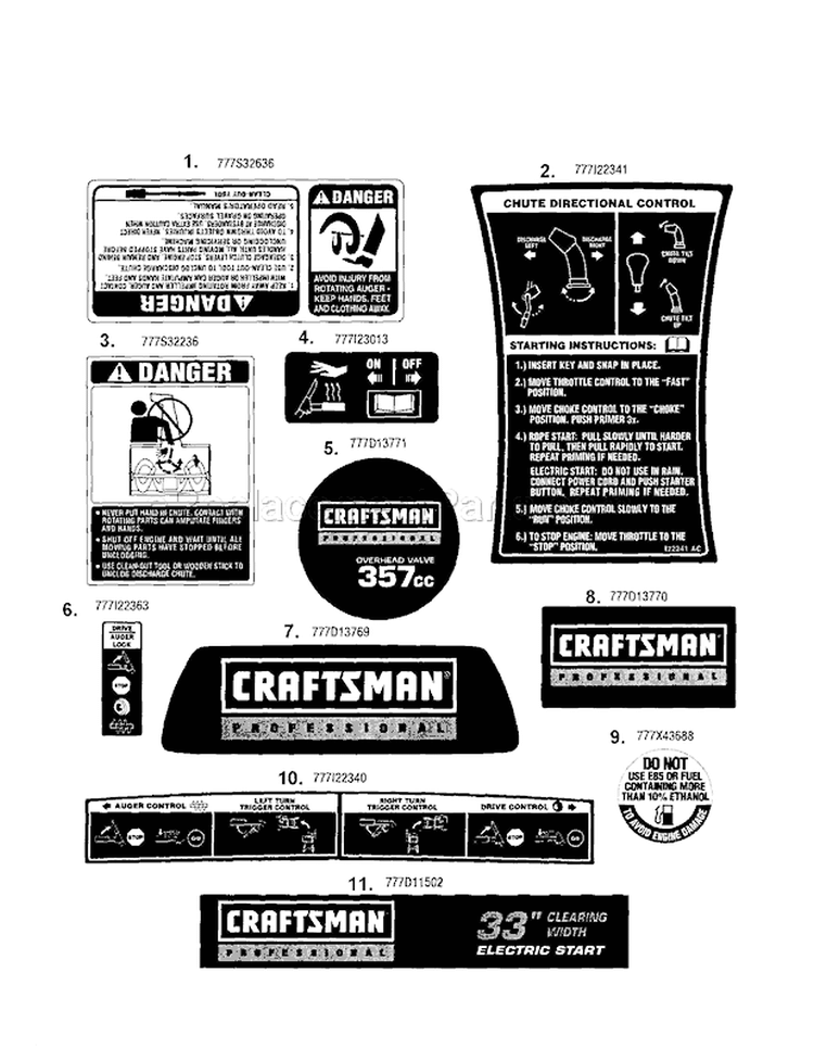 Decals Diagram and Parts List for 24788846  Craftsman Snow Blower