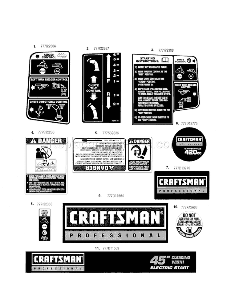 Decals Diagram and Parts List for 24788848  Craftsman Snow Blower