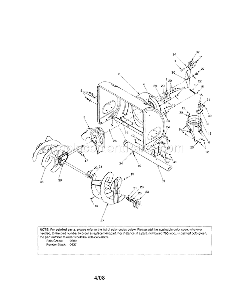 Auger/Spiral Diagram and Parts List for 247888520  Craftsman Snow Blower