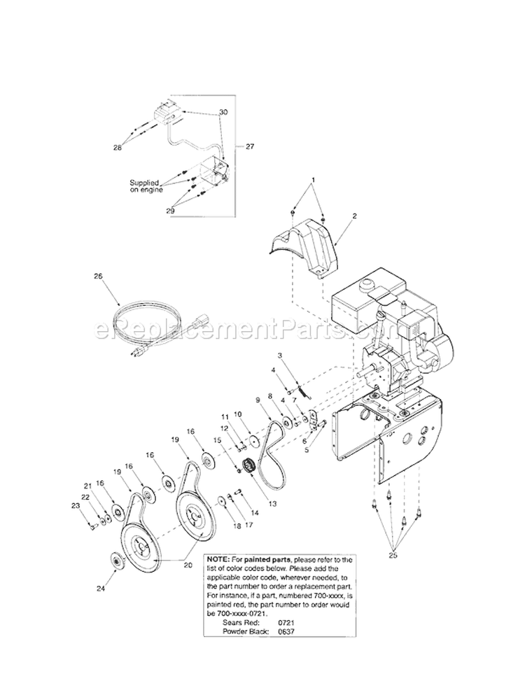 Belt/Belt Cover/Engine Sh... Diagram and Parts List for 247888900  Craftsman Snow Blower