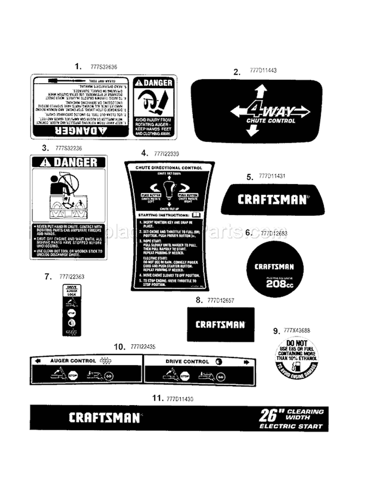 Decals Diagram and Parts List for 247889702  Craftsman Snow Blower