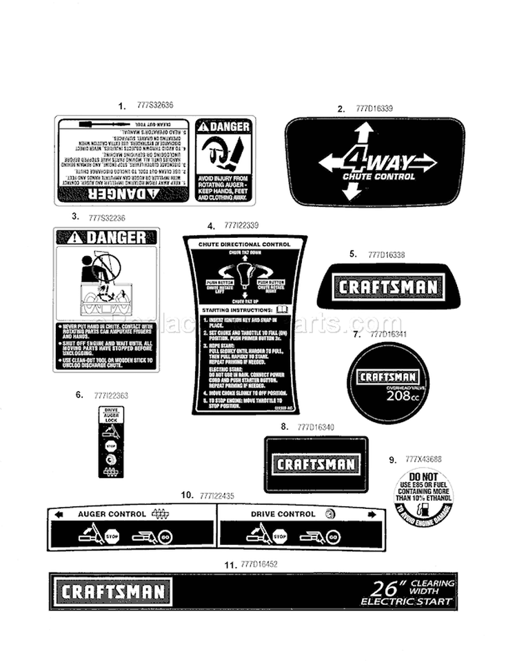 Decals Diagram and Parts List for 247889703  Craftsman Snow Blower