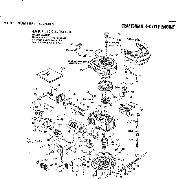 Replacement Parts Diagram and Parts List for 143314682  Craftsman Engine
