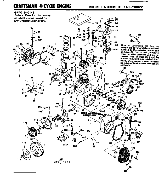 Replacement Parts Diagram and Parts List for 143710022  Craftsman Engine