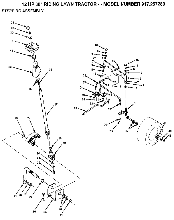 Steering Assembly Diagram and Parts List for 917257280  Craftsman Lawn Tractor