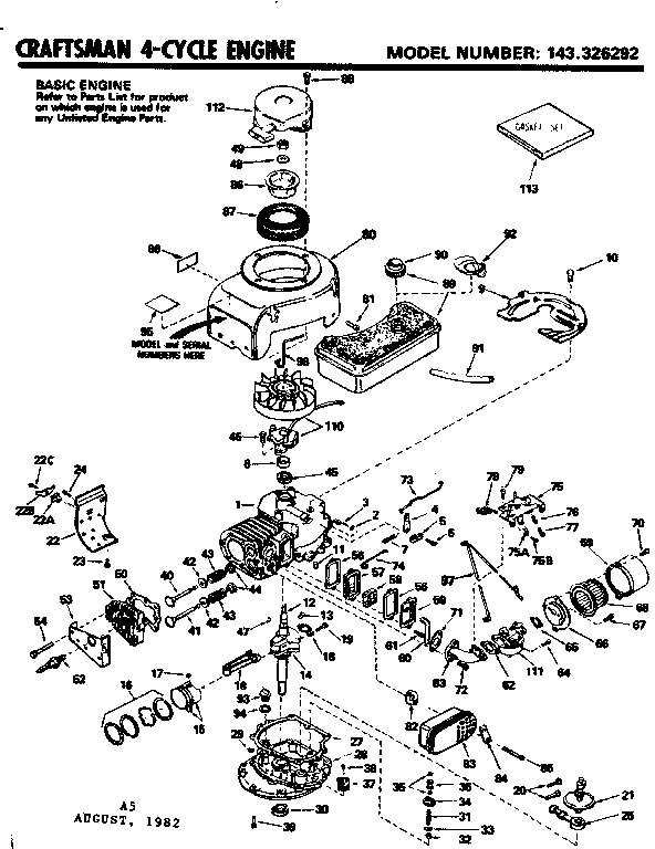 Replacement Parts Diagram and Parts List for 143326292  Craftsman Engine