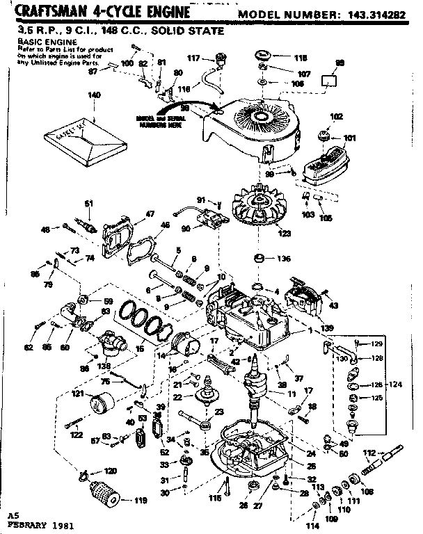 Replacement Parts Diagram and Parts List for 143314282  Craftsman Engine