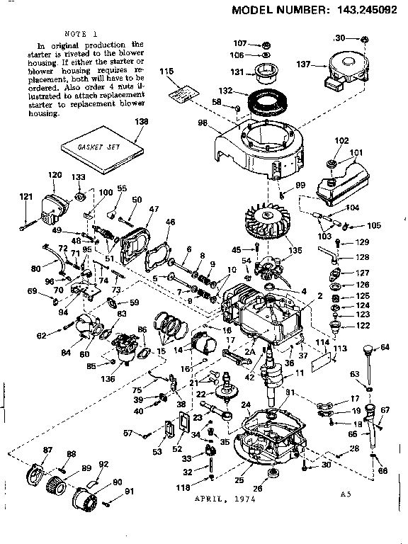 Replacement Parts Diagram and Parts List for 143245092  Craftsman Engine