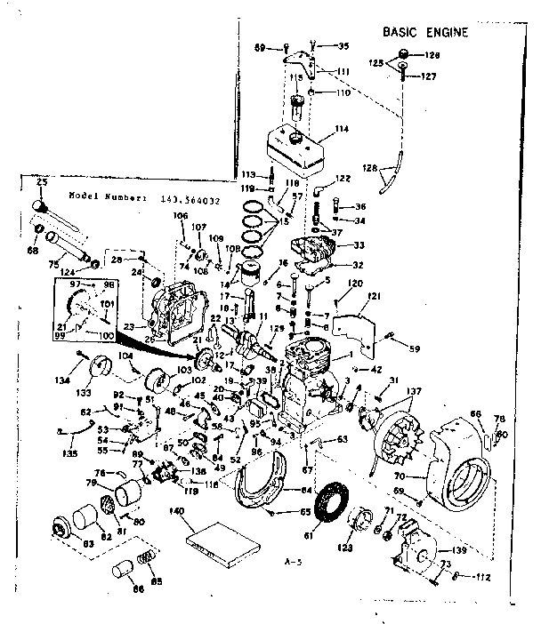 Basic Engine Diagram and Parts List for 143564032  Craftsman Engine