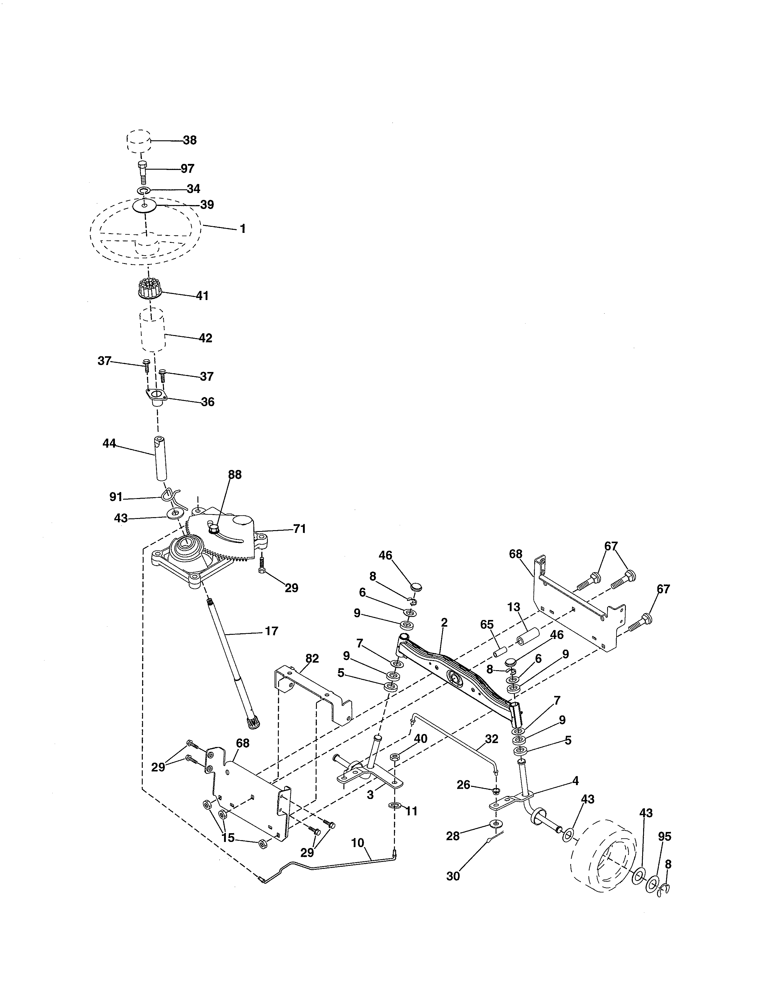 Steering Assembly Diagram and Parts List for 917288190  Craftsman Lawn Tractor