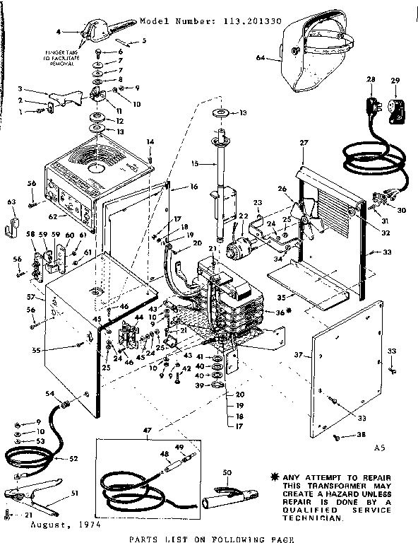 Unit Diagram and Parts List for 113201330  Craftsman Welder