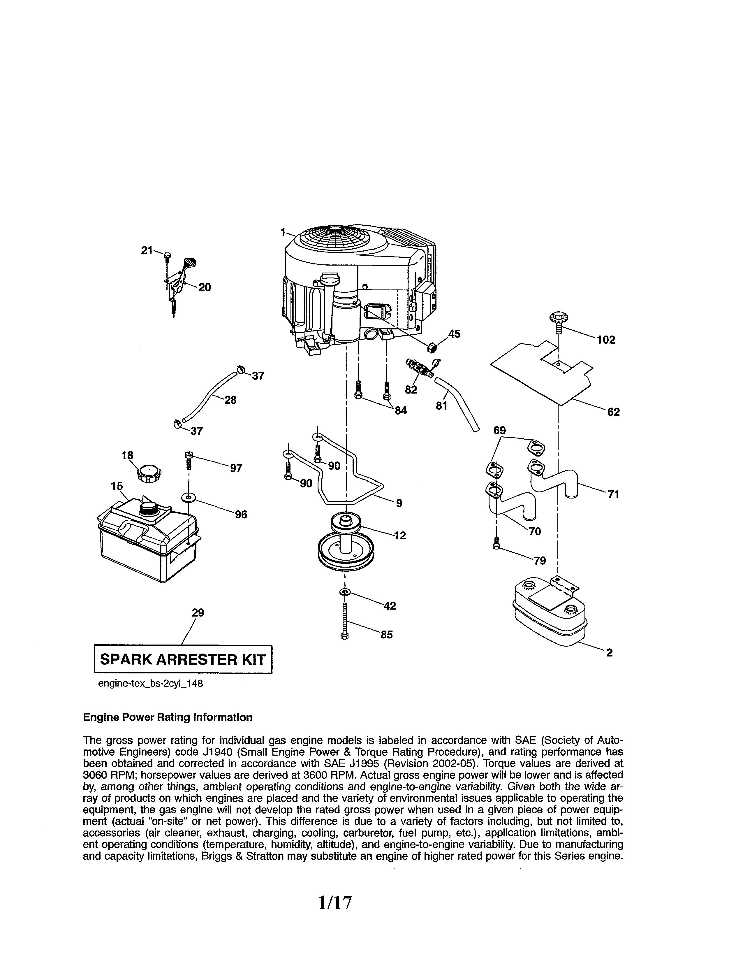 Engine Diagram and Parts List for 917989240  Craftsman Lawn Tractor