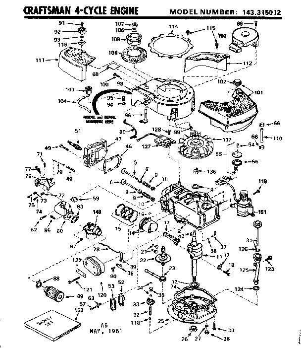 Replacement Parts Diagram and Parts List for 143315012  Craftsman Engine