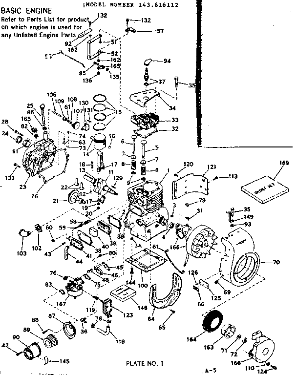 Basic Engine Diagram and Parts List for 143616112  Craftsman Engine