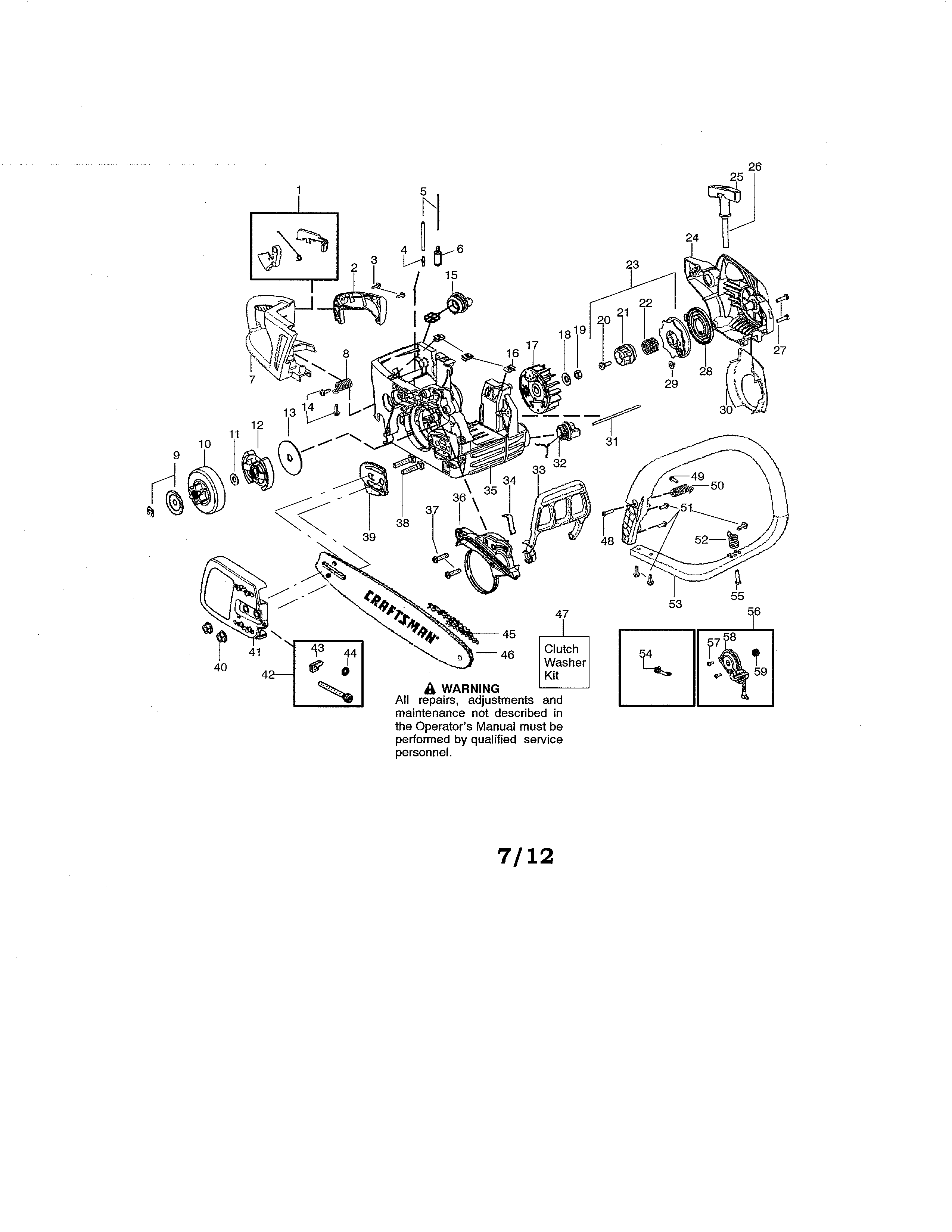 Chassis/bar/handle Diagram and Parts List for 358341900  Craftsman Chainsaw