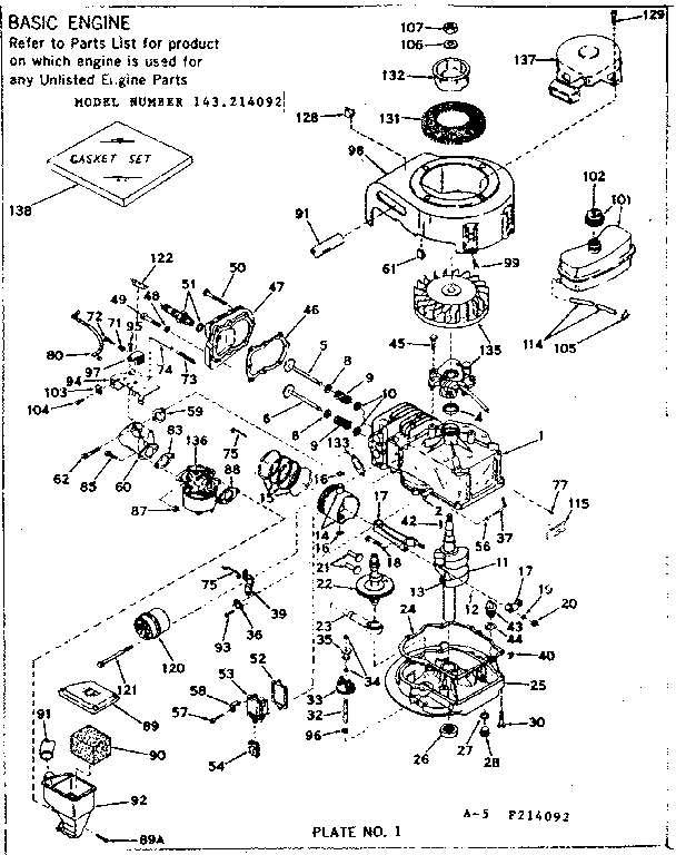 Basic Engine Diagram and Parts List for 143214092  Craftsman Engine