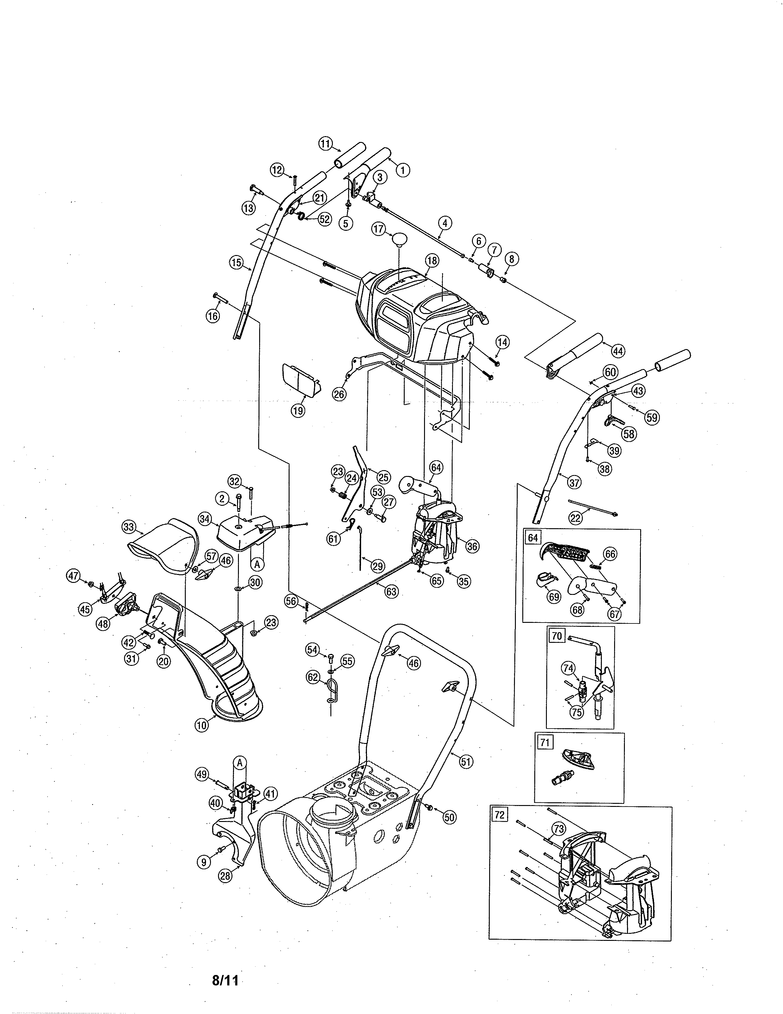 Handles/lower Chute Diagram and Parts List for 247886910  Craftsman Snow Blower