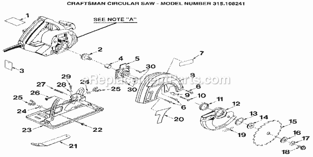 Base And Blade Assembly Diagram and Parts List for 315108241  Craftsman Circular Saw