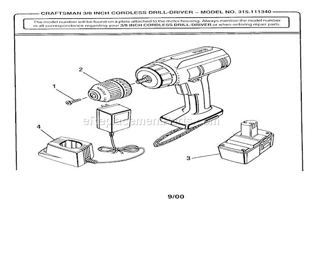 3/8" Cordless Drill-Drive... Diagram and Parts List for 315111340  Craftsman Cordless Drill