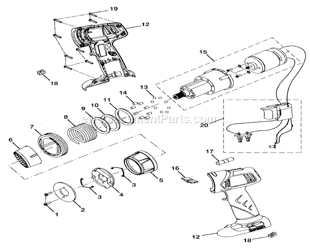 Motor Assy Diagram and Parts List for 315115350  Craftsman Cordless Drill