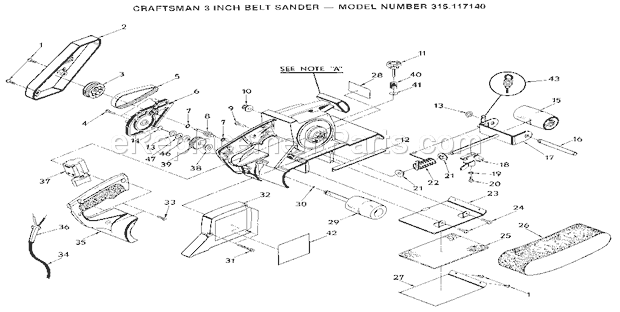 Gear And Platen Assembly Diagram and Parts List for 315117140  Craftsman Belt or Drum Sander