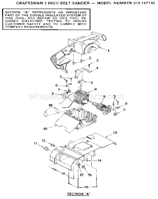 Field And Armature Assemb... Diagram and Parts List for 315117140  Craftsman Belt or Drum Sander