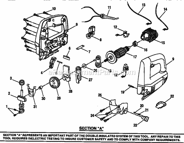 Field And Armature Assembly Diagram and Parts List for 315172280  Craftsman Jig Saw