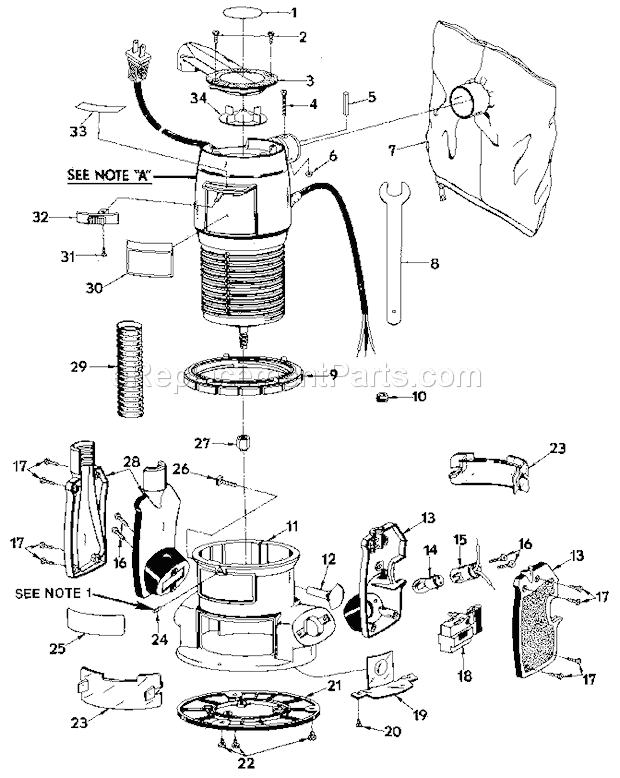 Base Assembly Diagram and Parts List for 315174321  Craftsman Router