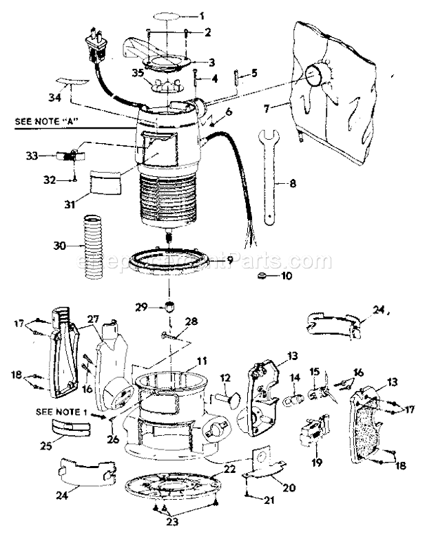 Base Assembly Diagram and Parts List for 31517432  Craftsman Router