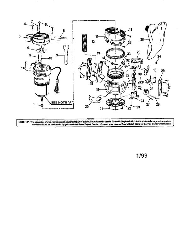 Main Body Diagram and Parts List for 315175060  Craftsman Router