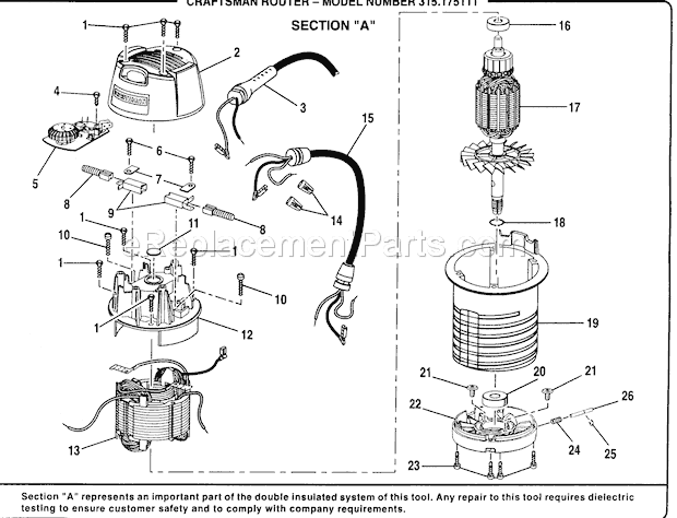 Motor Assy Diagram and Parts List for 315175111  Craftsman Router