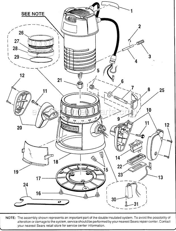 Base Assy Diagram and Parts List for 315175111  Craftsman Router
