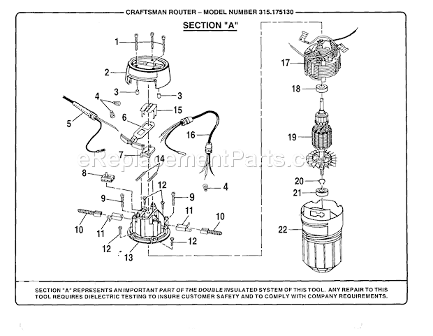 Motor Diagram and Parts List for 315175130  Craftsman Router