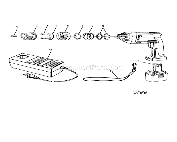 3/8" Cordless Drill-Drive... Diagram and Parts List for 315271390  Craftsman Cordless Drill